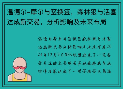 温德尔-摩尔与签换签，森林狼与活塞达成新交易，分析影响及未来布局