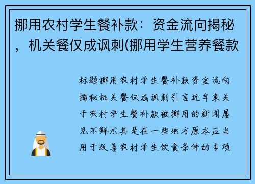 挪用农村学生餐补款：资金流向揭秘，机关餐仅成讽刺(挪用学生营养餐款如何处罚)